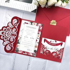 50 pieces Trifold Pocket Wedding Invitation Customized Print Laser Cut Floral Red XV Birthday Business Greeting RSVP Card IC153 240328