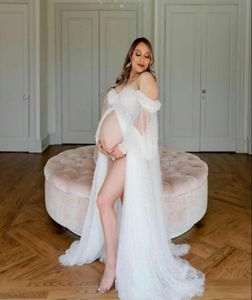 Pearl Tulle Maternity Wraps Dresses For Pography Front Split Long Sleeve Women Poshoot Outfit Maxi Gown Pregnancy Long Dress7535607