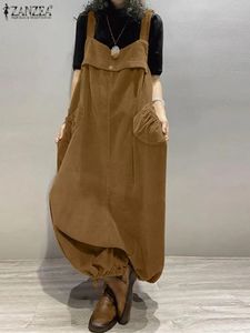 Zanzea 여성 코듀로이 장미 가을 빈티지 점프 슈트 바지도 패션 느슨한 넓은 다리 바지 캐주얼 드롭 크로치 긴 바지 240409