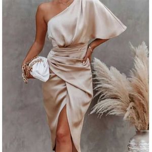 Womens Elegant and Luxurious Party Slit Evening Dress Solid Color Irregular Mid Rise Diagonal Shoulder