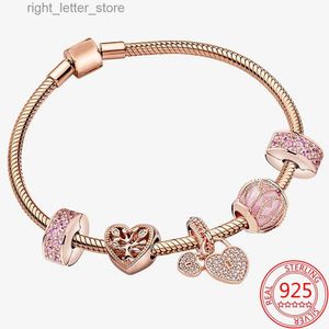 Bangle 100% äkta 925 Sterling Silver Heart-Shaped Rose Gold Family Tree Charm Armband Set Pink Murano Crystal Womens Armband Set Gift YQ240409