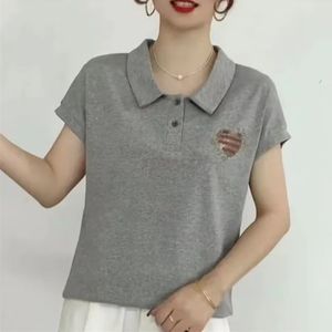 Sommer Frauen Mode -Strass losen Tees weibliche lässige Kurzschlärm Polo Kragen T -Shirt Solid Pullover Tops Camisetas 240409