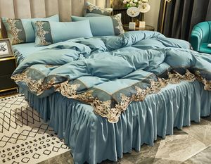 Conjuntos de cama brancos cobertos de renda com borda de cama queen com os edredoms conjuntos de travesseiros luxuosos conjuntos de cama king size de tamanho decoração 738 r24006800