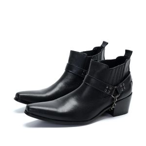 Stiefel auf Männer an Noch Stiefel Dicke High Heel Herren Punk -Stiefel mit kettenmodischer schwarzer echtes Lederschuh neue Frühlingsherbst Stiefel