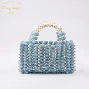 Kvällspåsar handgjorda pärlpärlpärlor kvinnors mini handväska elegant bröllopsfest koppling väska brudväska beige blå B432