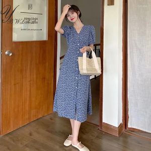 Party Dresses Sweet Temperament Floral Dress Summer V-Neck Single Breasted Lace-Up Puff Sleeve Long Korean Fashion Women Print