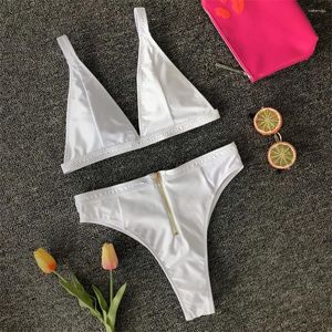 Kobiety stroje kąpielowe białe bikini zamek błyskawiczny pusty strój kąpielowy Highwaist Women Beach strój dwuczęściowy brazylijskie bikini gniazd