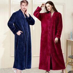 Sweatshirts Frauen Winter extra lang dicke warme Badrobe plus Größe Reißverschluss Flanell Peignoir Schwangere Bademantel Männer Korallen Fleece Roben