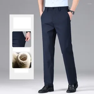 Men's Pants Linen Solid Color Casual For Spring Summer 2024 And Loose Straight Leg Dad Business Suit Navy Blue