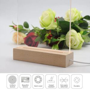 Retângulo Base LED de madeira de faia sólida para resina Lâmpada de lâmpada acrílica Placa de vidro Stand Wood Luz de madeira Base DIY USB Night Light Base