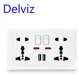 Delviz Wall Power Socket Universal 5 Hole, 2.1A Dual USB Charger Port, 146mm*86mm, LED Indicator, UK Standard USB Switched Outlet