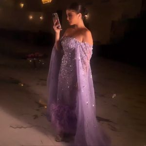 Purple Mermaid Ankle Length Cape Sleeves Feather Beaded Luxury Evening Dresses Gowns For Women Party