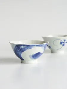 Миски синий краситель ручной рисовой миску высокий уровень высокого выступления простые японские домашние посуды суп десерт