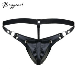 Männer sexy Dessous Thong PU Leder Jockstrap G-String Schnallen Bulge Beutel Penis Hole Slips Erotische Slips Gay Unterwäsche Slip 240320