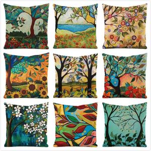 Kudde 45 cm färgglada träd Inimerat Silk Fabric Throw Cover Couch Cover Home Decorative Pillows Case