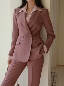 Kvinnor Casual Vintage Formal Pantsuit Breasted Blaser Jackets Solid Elegant Pantalons 2 Piece Female Business Trousers Outfits 240329