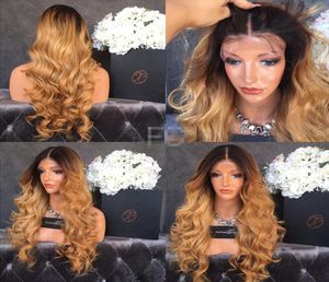 Brazilian Ombre Body Wavy Glueless Full Lace Human Hair Wigs 1B 27 Honey Blonde Two Tone Lace Front Wigs 130 Density Bleached Knot1066402