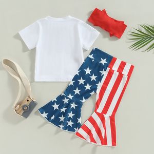 T-shirt a manica corta per bambina 4 luglio Top American Flag Band Bell Bottom Pants Set Summer Clothes