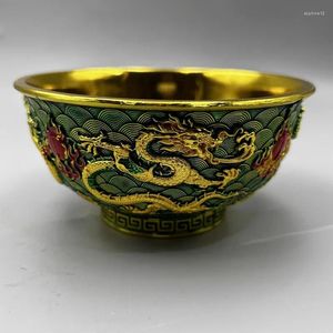 Decorative Figurines Retro Cloisonne Gold Plated Double Dragon Bowl Home Decoration