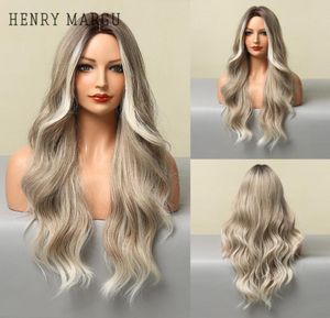 Syntetiska peruker Margu Long Wavy Platinum Blonde Gray Ombre för kvinnor Middle Part Natural Cosplay Party Heat Motent1284172