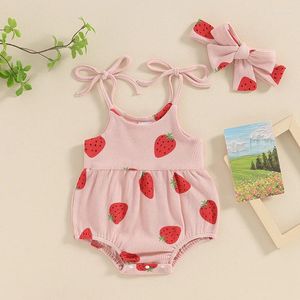 Set di abbigliamento per bambina salta estiva stampare fragola fragola banda senza maniche set di testa di testa per waffle bodine abiti abiti