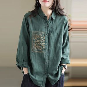 Boots 2022 Spring Autumn New Arts Style Women Long Sleeve Loose Shirt Vintage Embroidery Cotton Linen Blouse Female Tops C596