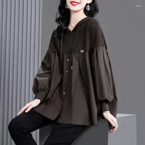 Women's Blouses Fashion Spliced Folds Asymmetrical Hooded Clothing Autumn Winter Loose Casual Tops Lantern Sleeve Shirts N827
