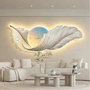 Relógio de parede LED LUZ LUZ FURO LIGADOS RELÓGIOS DE ARTE Decoração de sala de estar Pintura de parede Relógio Feather Silent Clock Home Decoration