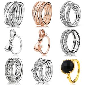 2024 O novo novo novo anel de prata de 925 Sterling combinado com o padrão de corrente de cobra de cobra de anel triplo para o presente de coroa de cristal para mulheres