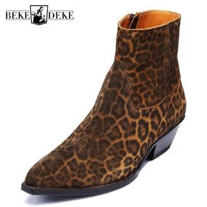 Stivali Brand Runway Brand Men Leopard Stampato Stivali a punta Stivali da cowboy caviglia da cowboy 2022 Abito estivo Botas