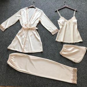 ホーム服2024フローラルトリムセクシーな女性パジャマパジャマレーヨンカミーースパンツローブカジュアル4PCSスリープウェアナイトウェアM-XXL