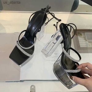 Klänningskor liyke transparent tjock botten kvadrat tå chunky plattform sandal kvinnor ultra höga klackar mode spets upp damer bankett prom sko h240409