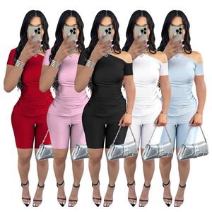 NEW Designer Tracksuits Summer Two Piece Sets Women Outfits Short Sleeve Skew Collar T-Shirt and Shorts Casual Solid Sweatsuits Wholesale Clothes 10922-2