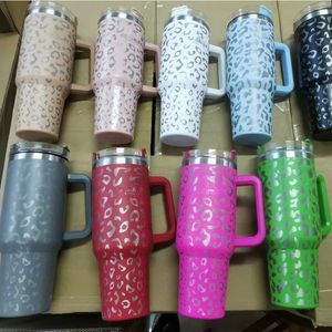 quencher 40oz mugs Leopard Print stainless steel handle lid straw big capacity water bottle outdoor camping cup tumblers with logo222N