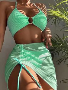 High Waisted Bikini for Women Tummy Control Bottoms Push Up Crop Top Swimsuit 3Piece Bathing Suits 240403