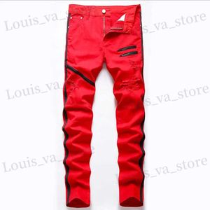 Męskie dżinsy High Strt Męskie proste dziura Rubled Dżinsy Zakażone dżinsowe spodnie Mężczyźni Modna Hip Hop Zapip Projektant White Red Cotton Dżinsy T240409