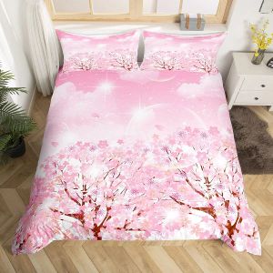 Peach Blossom Duvet Cover Blooming Pink Flower Birds Pattern Bedding Set for Kid Girl Women Spring Floral Theme Soft Quilt Cover