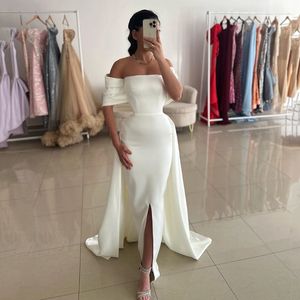 Simple Sheath Evening Birthday Dress 2024 Off The Shoulder Side Slit Satin Formal Prom Party Gown Robe De Soiree