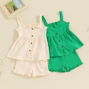 Giyim Setleri Bebek Kız Kız Bebek Yaz Giysileri Düz Renk Spagetti Kayışları Düğme Dokun