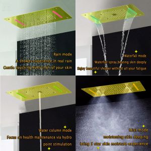 Fırça Altın Gizli Termostatik Duş Paneli Led Yağmur Şelalesi Büyük Duş Başlı Tavan Banyo Musluk Seti Montajlı Yağış