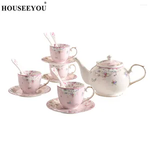 Coppe Saucers Houseeyou British Bone China Pattern Floral Tea Cup Set con cucchiaio e pentola per Home Office Restauranti A pomeriggio Coffee