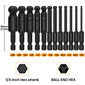 12Pcs 65mm Ball End Screwdriver Bits 1/4 Inch Hex Shank Metric Hex Bit Set Magnetic Ball Head Allen Wrench Drill Bit