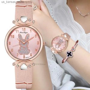 Armbandsur enkla 2023 Pink Diamond Bunny Design Women mode es Retro Ladies Quartz Arm med nummer Female Leather Clock240409