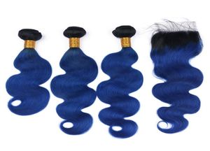 Svart och mörkblå jungfru brasilianskt mänskligt hårväv med spetsstängning 4x4 Body Wave 1B Blue Ombre 3 Bunds med toppstängning255615057