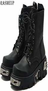 Rasmeup 6cm Punk Platform Platform Women Ankle Boots Women039s Motorcycle Boot Fashion Ladies Scarpe Chunky Decor metal Black 201108911573541