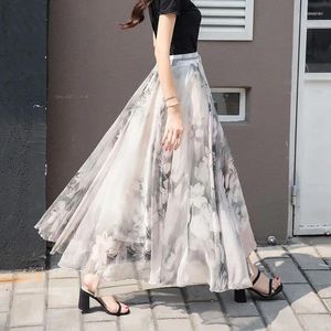 Kjolar kinesisk stil bläck fragmenterad vintage chiffong kjol kvinnor slips färgning våren hög midja mitten av längden stor hem a-line veckad