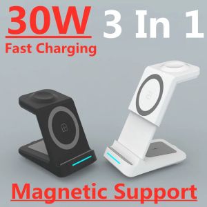 Chargers 30W 3 in 1 Magnetic Wireless Charger for iPhone 13 12 11 Pro XS Qi Fast Charging Dock Station For Apple Watch 7 6 5 AirPods Pro