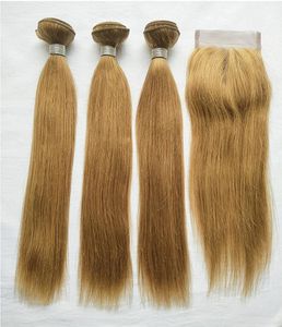 Brasilianskt jungfru hår 27 färgat blont mänskligt hår 3 buntar med spetsstängning billig blond rak hårväv med 4x4 spets cl9700484