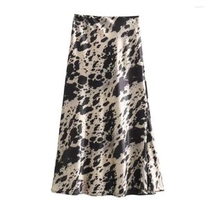 Skirts 2024ZAR Spring/Summer Selling Women's Animal Pattern Printed Silk Satin Texture And Versatile Midi Skirt