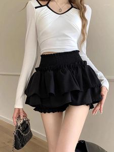 Skirts HOUZHOU Kawaii Mini Skirt Women Cute Sexy Balletcore Black White High Waist A-line Ruffle Patchwork Lolita Shorts Korean